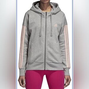 NWOT Adidas light gray cozy full zip hoodie with pink logo and stripes
